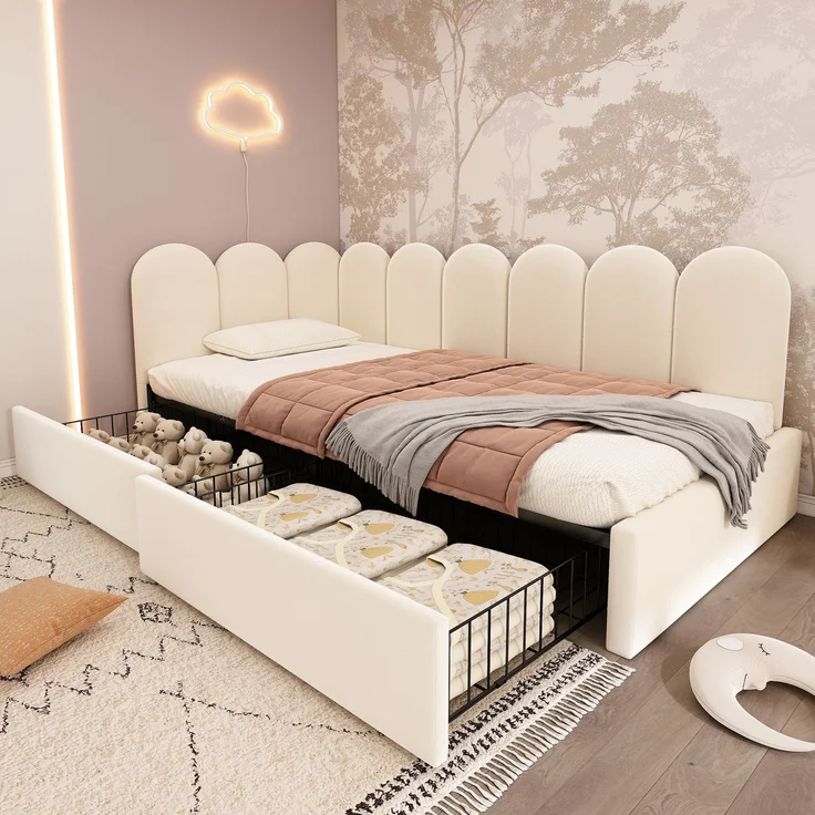 EINHOM Polsterbett Einzelbett mit Schubladen Stauraumbett Samt Daybett Tagesbett Schlafsofa 90 x 200 cm mit Lattenrost Jugendbett und Erwachsene Kinderbett, Beige (Ohne Matratze) – Bild 3