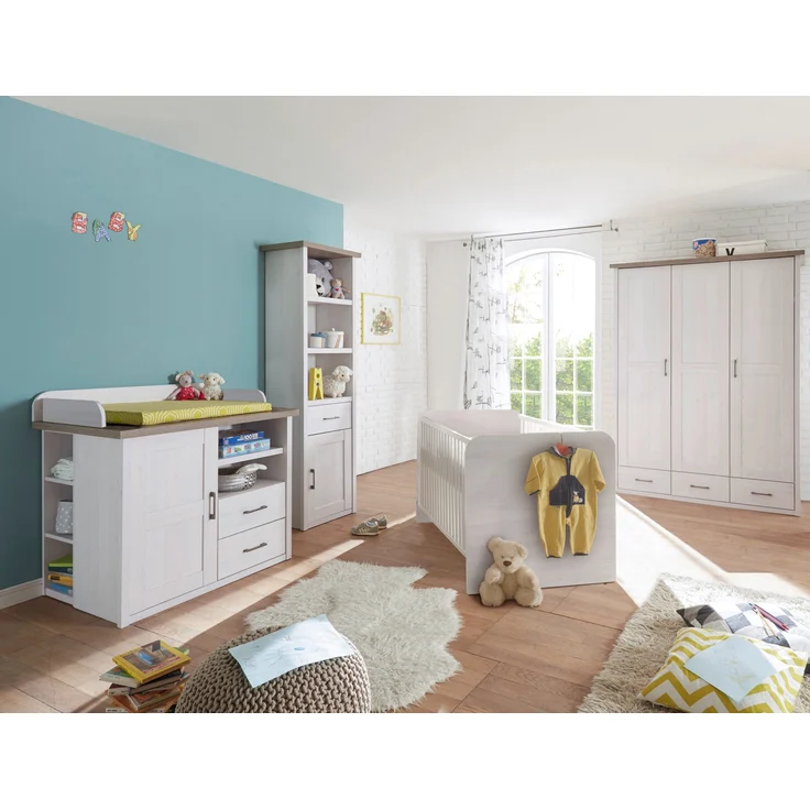 Babyzimmer Luca Kinderzimmer Komplett Set in Pinie Weiß und Trüffel Landhaus in verschiedenen Varianten wählbar - 6 teilig , Kleiderschrank + Babybett + Lattenrost + Wickelkommode + Seitenregal + Standregal , 70 x 140 cm