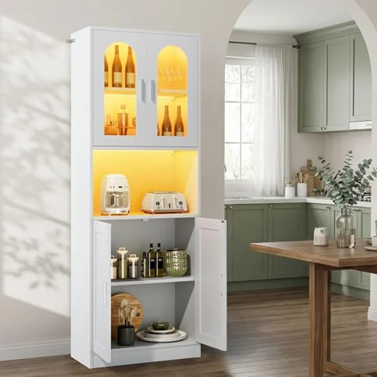 YITAHOME Hohes Bücherregal, Holzregal mit Schranktüren, modernes Bücherregal mit Präsentationsfläche, Aufbewahrungsschrank mit Beleuchtung für Zuhause, Büro, Wohnzimmer, Weiß – Bild 5