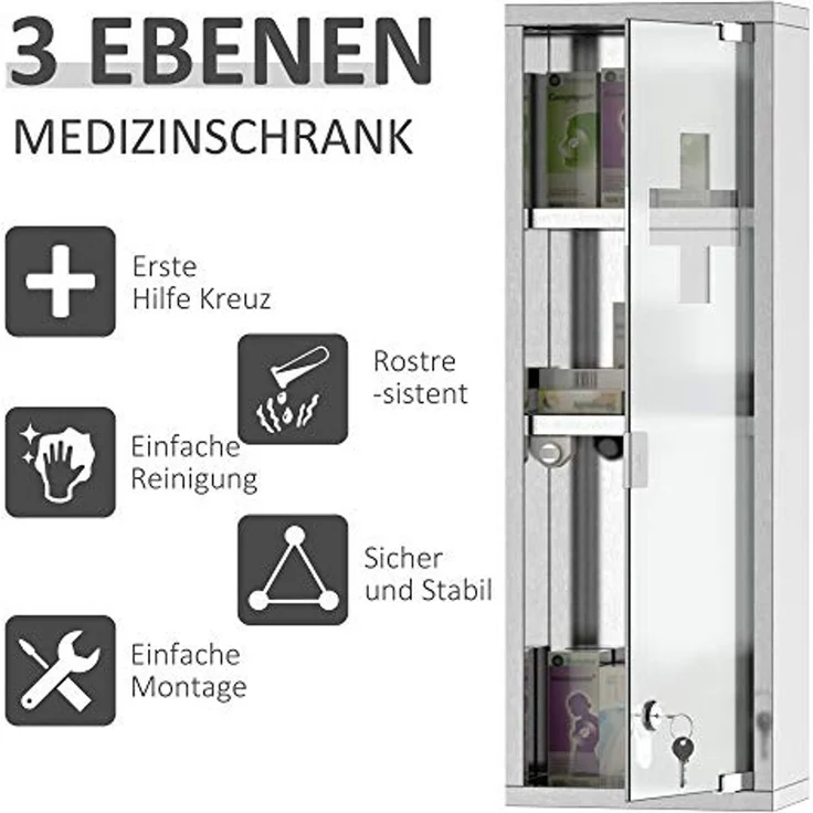 Kleankin Medizinschrank Erste-Hilfe-Schrank mit Schloss 3 Fächer (Medikamentenschrank, 1-St, Arzneischrank) Silber 20 x 12 x 58 cm – Bild 4