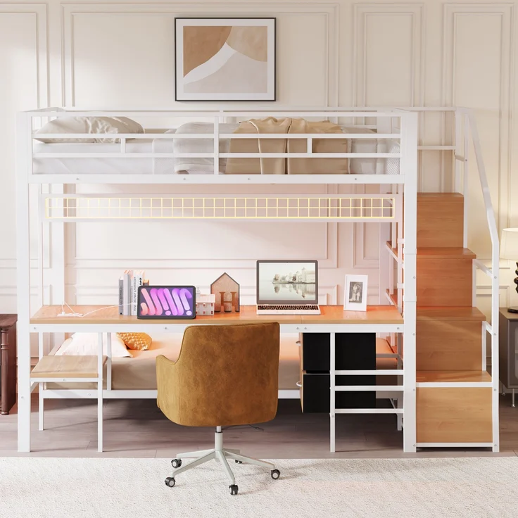 Hochbett Metall/MDF mit Schreibtisch, LED & USB-Anschluss, 247x144,5x170 cm, Weiß, ohne Matratze – Bild 2