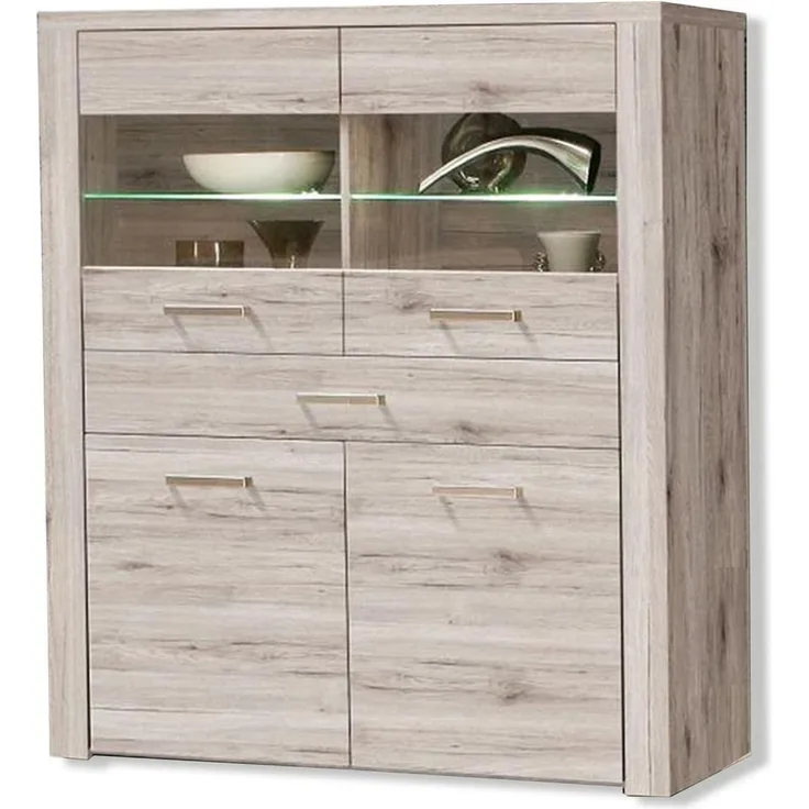 FORTE Portland Highboardvitrine mit LED Beleuchtung, Holzwerkstoff, Beige/Braun, 126,9 x 143,9 x 41,3 cm