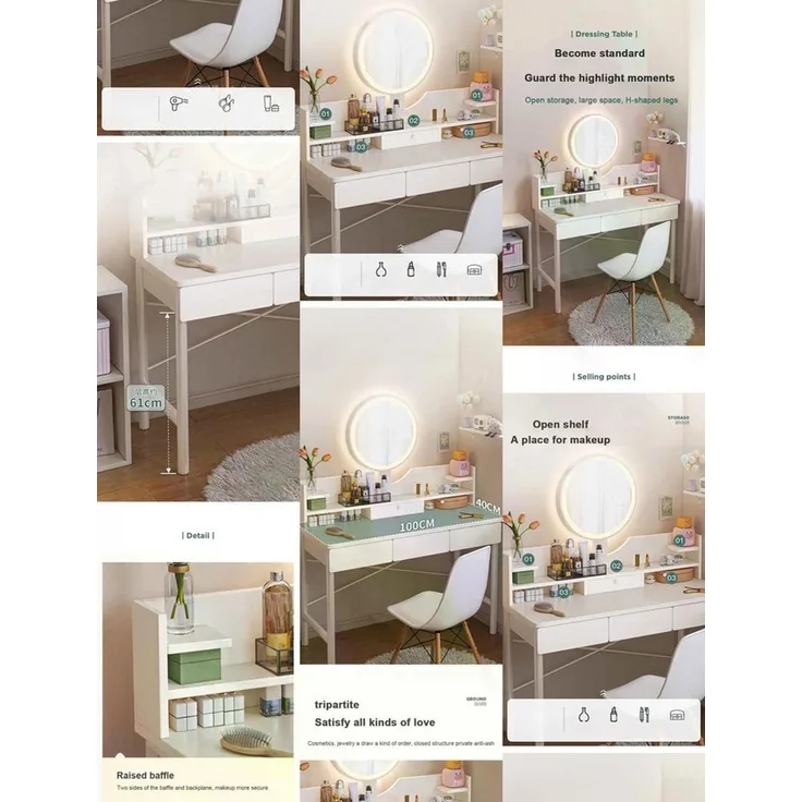 habeig Schminktisch Schminkkommode Spiegel Schubladen weiß 100x125cm, abgerundete Kanten