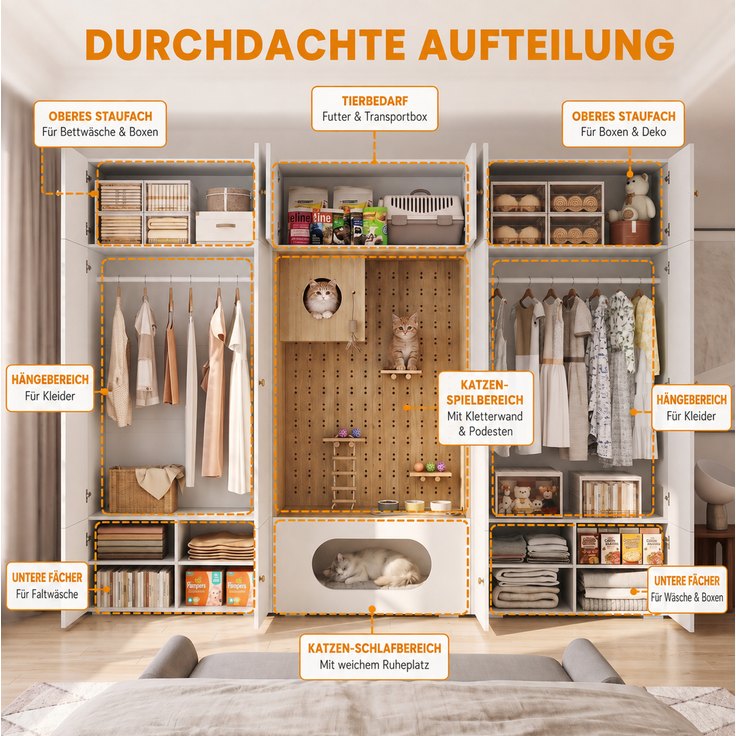 CHICFURN Kleiderschrank 270x200x50 cm aus Spanplatte mit Kleiderstange und Katzenkletterwand – Weiß/Holzoptik – Bild 4