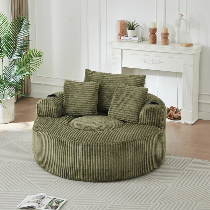 Rundes Loungesofa aus Cord, Einzelsitz Sitzsack Liegestuhl mit 3 Kissen, 2 Getränkehaltern, Seitenaufbewahrung, Rutschfest, Bequemes Relaxsofa für Wohnzimmer Schlafzimmer--Grün--146x29x32cm--YOUDENOVA – Bild 9