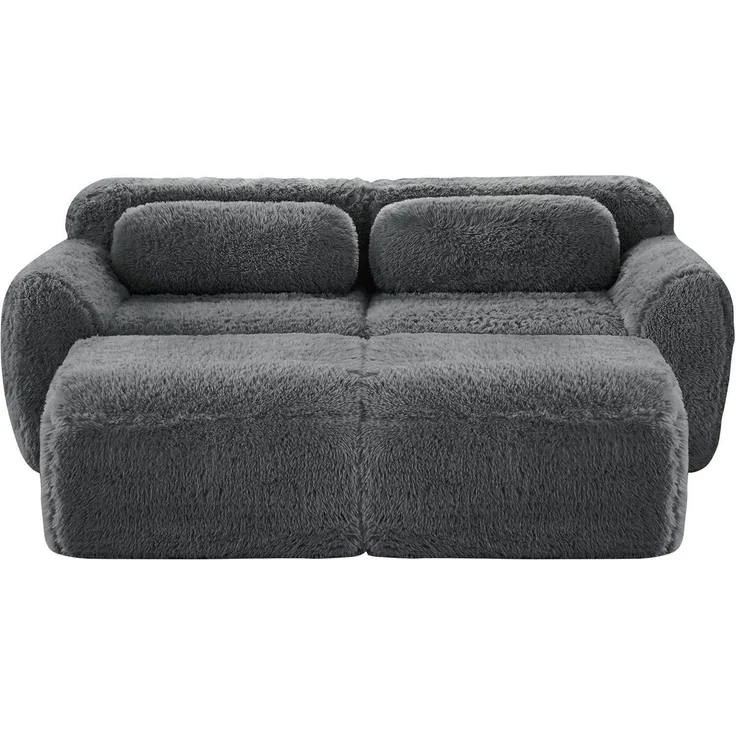 2 Sitzer Sofa 2 Hocker Kissen Grau 2-Sitzer Sofa + 2 Hockern – Bild 8