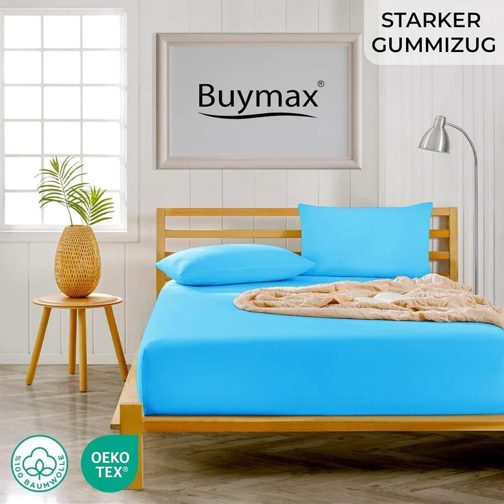 Buymax® Topper Spannbettlaken 140x200 cm Spannbetttuch 100% Baumwolle Jersey für Matratzentopper bis 12 cm Matratzenhöhe Bettlaken für Boxspringbett Topper, Türkis – Bild 2