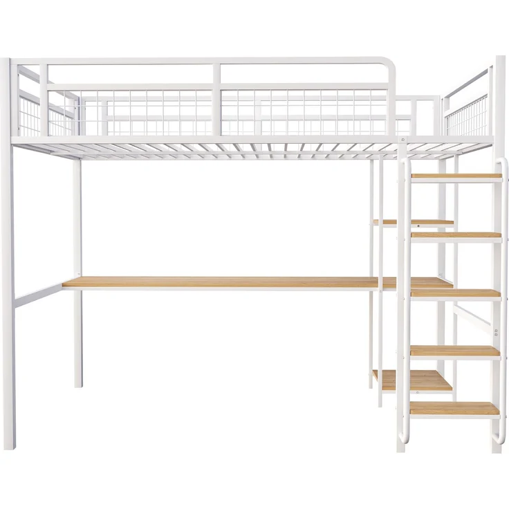 Metall-Hochbett 140x200 cm mit Sicherheitsleiter, Unterbetttisch, Regal, Eisenlattenrost, Kinderbett – Bild 10