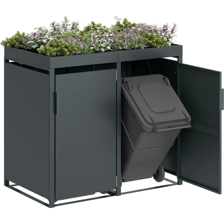 STEELSØN 'Thoria' Mülltonnenbox 2er je 120 Liter, anthrazit, Mülltonnenverkleidung aus Stahl, wetterfest, 111x62x117 cm, Müllbox mit Pflanzendach für 2 Tonnen – Bild 12