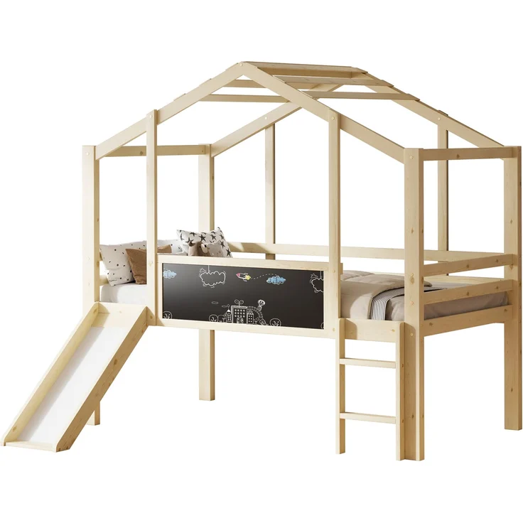 Kinder Hochbett Mit Rutsche Und Schiefertafel 90x200 Hausform Massivholz 120kg Tragfähig Sicherheitsgeländer Spielbett Mitwachsend – Bild 6