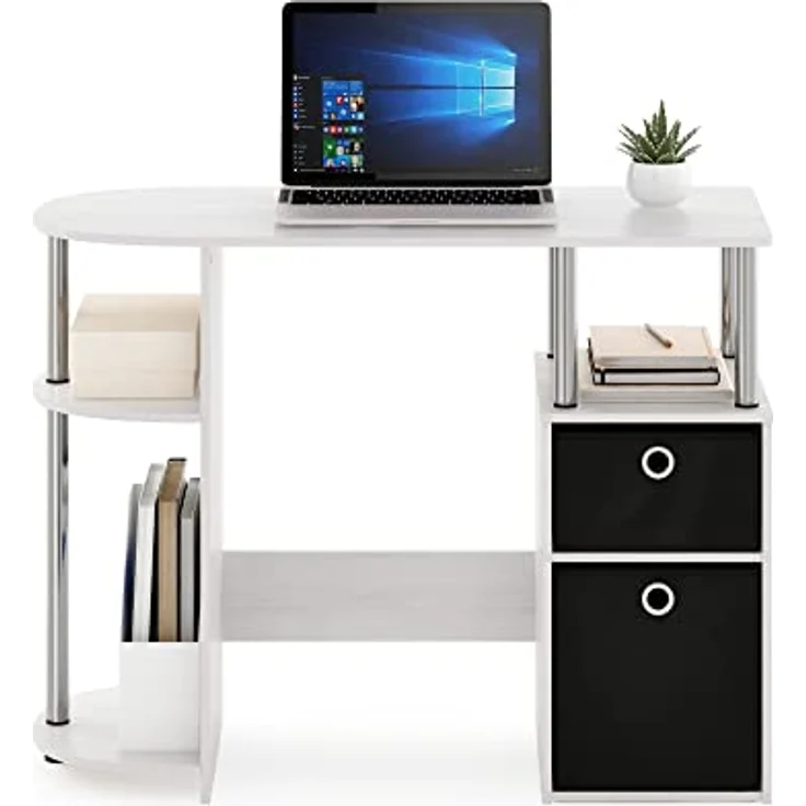 Furinno JAYA Simplistisch Computer-Schreibtisch mit Schubladen, Weiße Eiche/Chrom/Schwarz – Bild 5