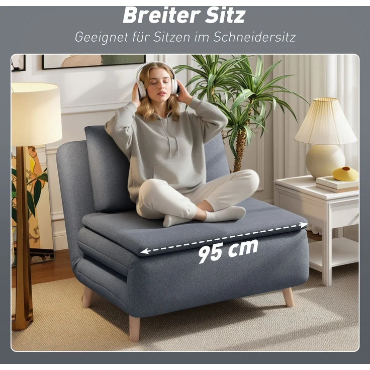 3-in-1 Schlafsessel mit Bett-Funktion, Liegesessel, verstellbare Rückenlehne, Buchenholzbeine, Kissen, Grau--Grau--95x90x80cm--YOUDENOVA – Bild 7
