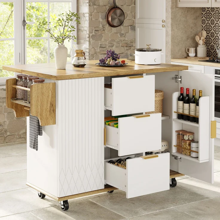TavilaEcon Küchenwagen mit ausklappbarer Arbeitsplatte & Stromanschluss weiß H 88 cm, B 134 cm – Bild 1