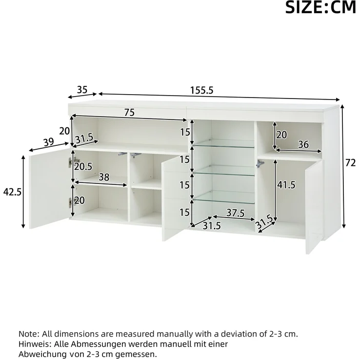 DESVIAE Sideboard mit LED-Beleuchtung und 3 Türen 155,5x72x35 cm Spanplatte Weiß – Bild 10