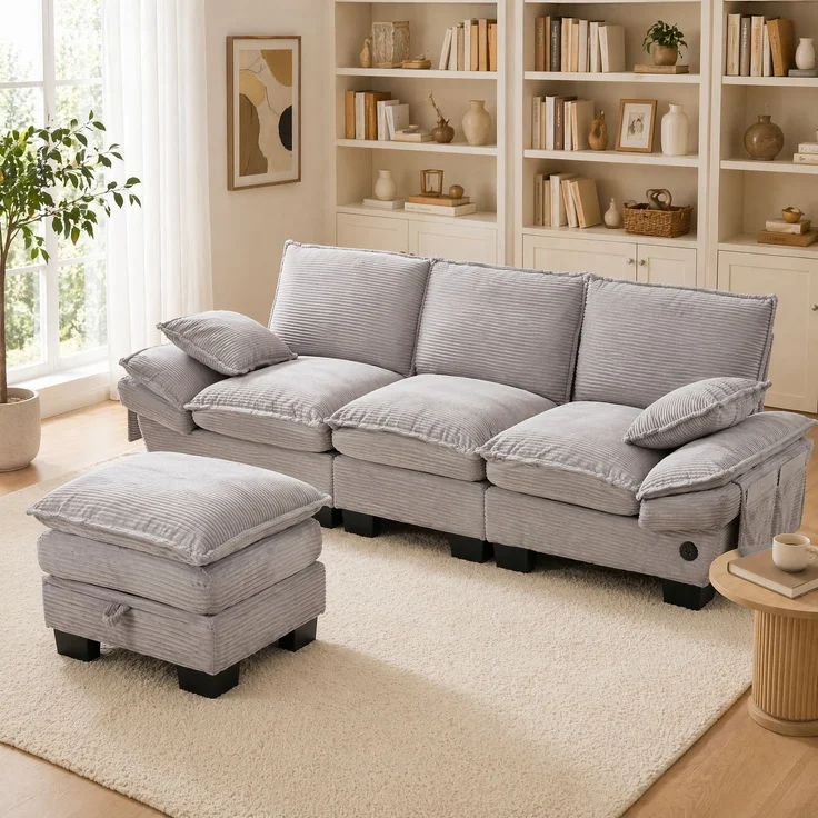DESVIAE Sofa 3-Sitzer mit Hocker und USB-C-Anschluss 260x84x132 cm Cord Hellgrau – Bild 2