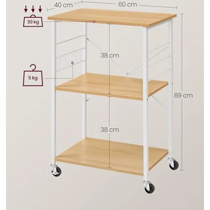 VASAGLE Küchenregal auf Rollen, Servierwagen, 3 Ebenen, Küchenwagen, für Mini-Backofen, Mikrowellen, Metallrahmen, 6 Haken, 40 x 60 x 89 cm, goldeichenfarben-wolkenweiß KKS060Y09 – Bild 5