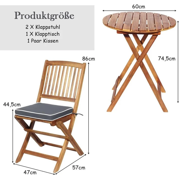 KOMFOTTEU Balkonset klappbar, (Set, 3-tlg), aus Akazienholz, mit Sitzkissen – Bild 4
