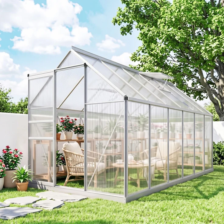 Wohnora-7,1 m² großes Gewächshaus aus Aluminium und Polycarbonat mit Fundament, 190 x 375 x 199 cm, Gewächshaus mit Fenster,H 1990cm x T 1330cm x B 3750cm,Geld – Bild 3