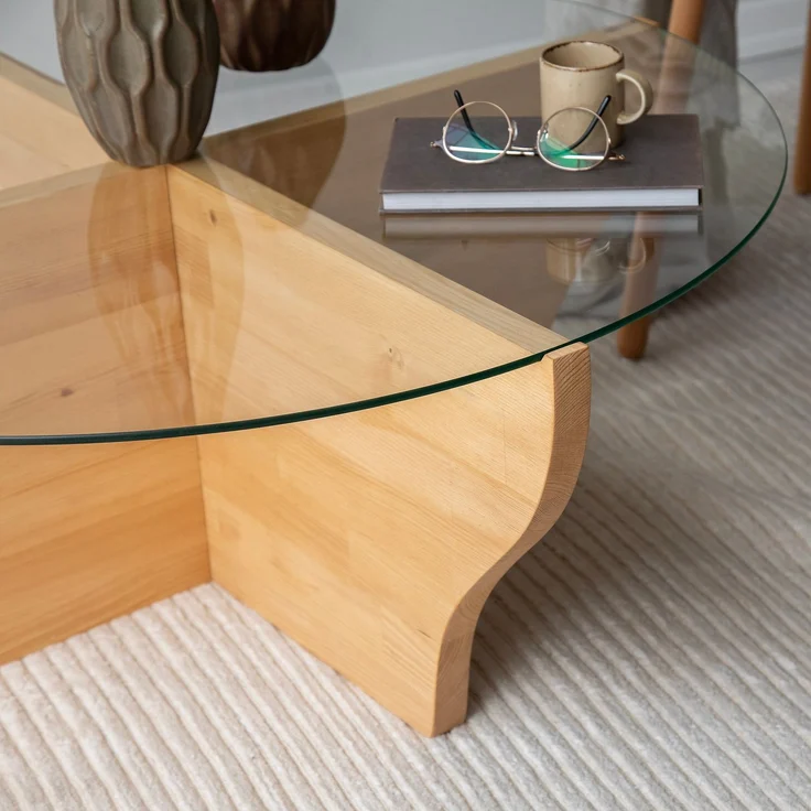 Modern Coffee Table, 92 cm Teak Color, 100% Tempered Glass & Pine Solid Wood Frame, 36 cm Height | Stylish & Functional for Living Spaces – Bild 3