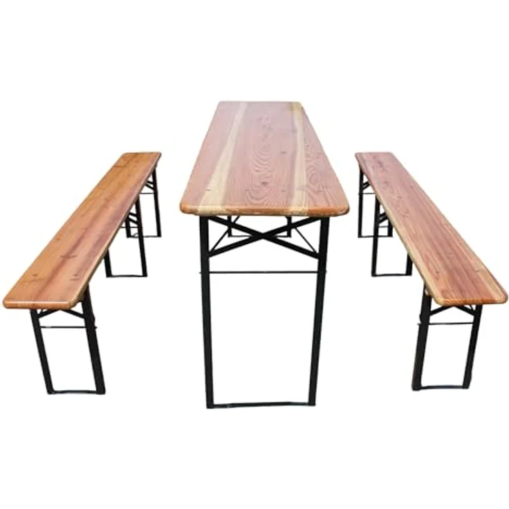 Ball & Cast Bierzeltgarnitur 3-teilig, Biertisch Klapptisch mit 2 Sitzbänken, Camping Tisch faltbar, Wetterfester Kiefer Massiv, Natur, 175 cm – Bild 9