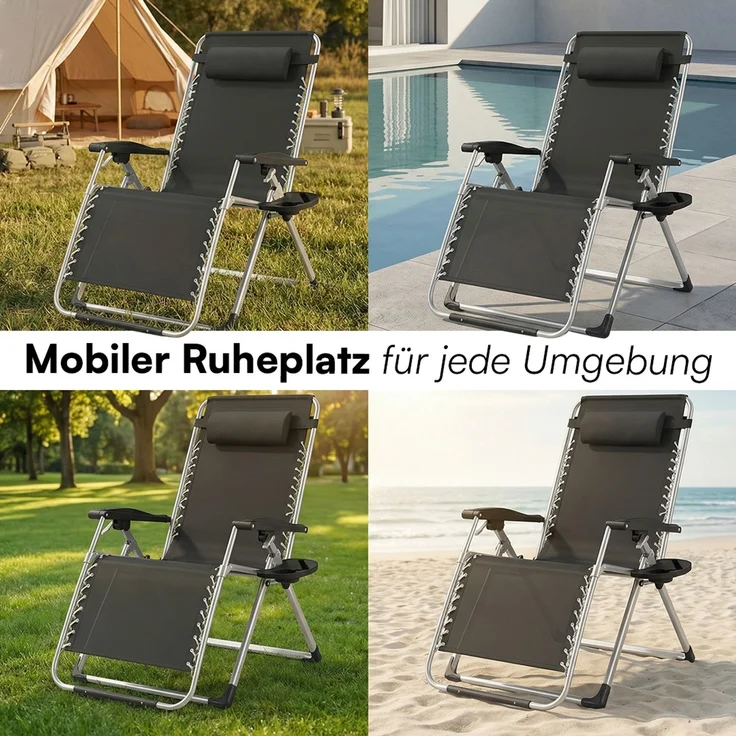 STEELSØN 'Lysira' Liegestuhl, klappbar & wetterfest, schwarz/silber, Sonnenliege mit extra dicker Polsterauflage, verstellbarer Gartenstuhl, bis 200 kg belastbar, 2er Set – Bild 8