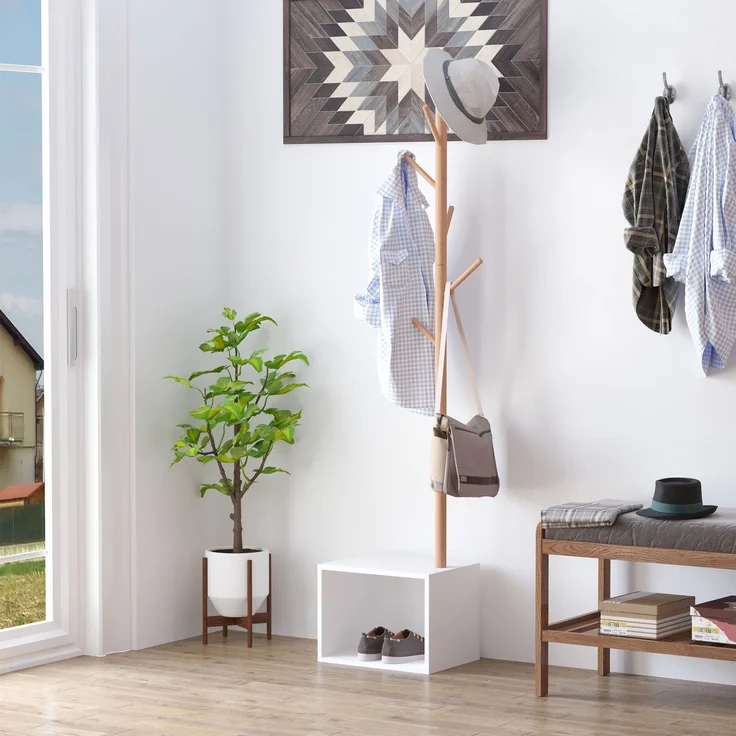 MELAYR, Gemütliche 2-in-1-Garderobe und Aufbewahrungseinheit, 40 x 30 x 180 cm (L x B x H), weißes MDF, Massivholz, Weiß – Bild 3