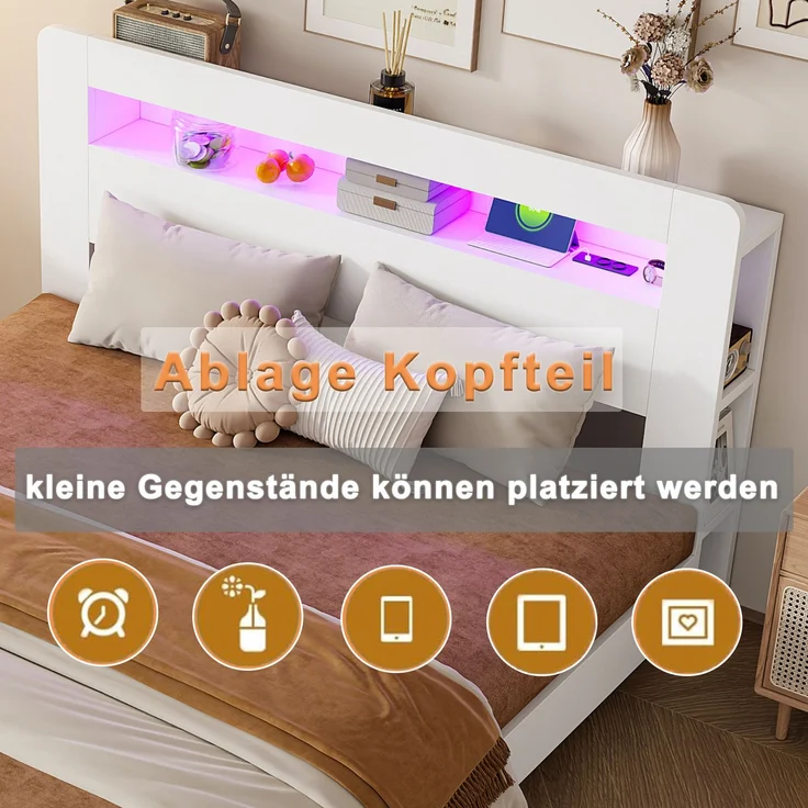 Bettgestell mit Stauraum aus Holz, hydraulischem Hubsystem, LED-Kopfteil, integrierten Steckdosen und Staufächern, modernes Plattformbett in Weiß 140*200 – Bild 4