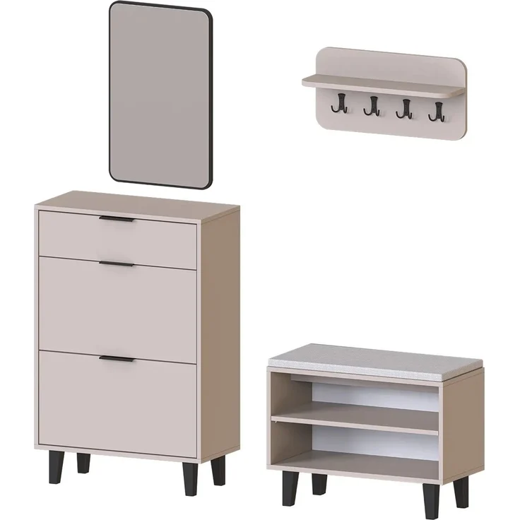 Roomart NORD Garderobenset 4-teilig – Schuhschrank, Sitzbank, Wandgarderobe & Spiegel – Flurgarderobe – H 112 x B 73.6 x T 35 cm (Schuhschrank) • Beige – Bild 8