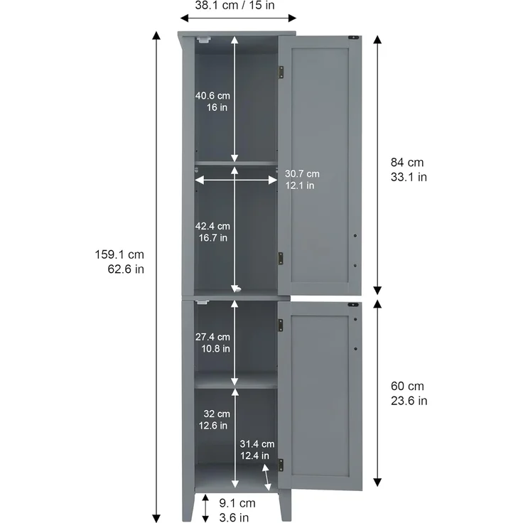 Teamson Home Wooden Badezimmerbades Lagerschrank mit 2 Türen, hoher Badezimmerschrank, graue Badezimmermöbel, verstellbare Lagerung, Mercer -Sammlung – Bild 4