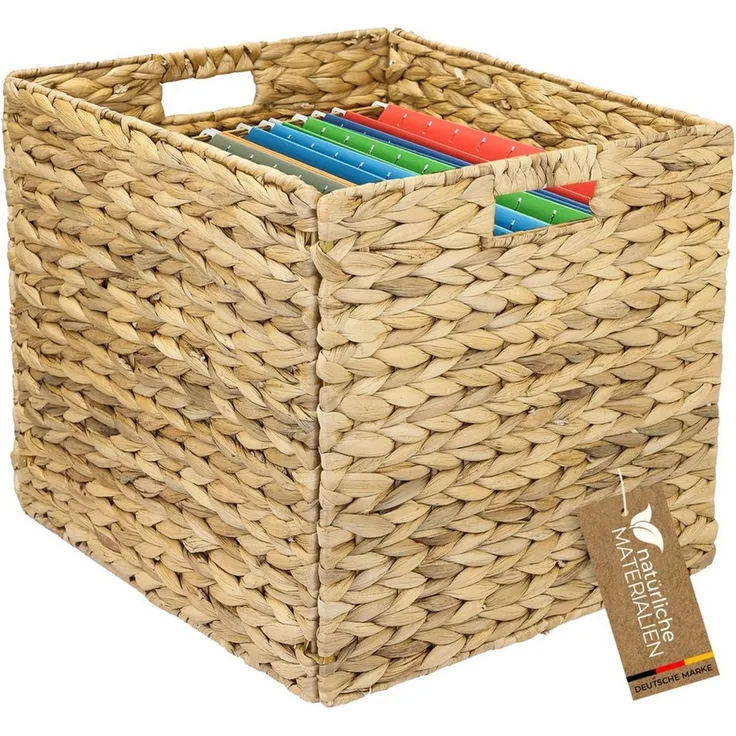 HMF Hängeregistraturbox Aufbewahrungskorb für DIN A4 Hängeregister passend für KALLAX-Regal, Korb geflochten aus Wasserhyazinthe mit Griffen, 33 x 38 x 32 cm