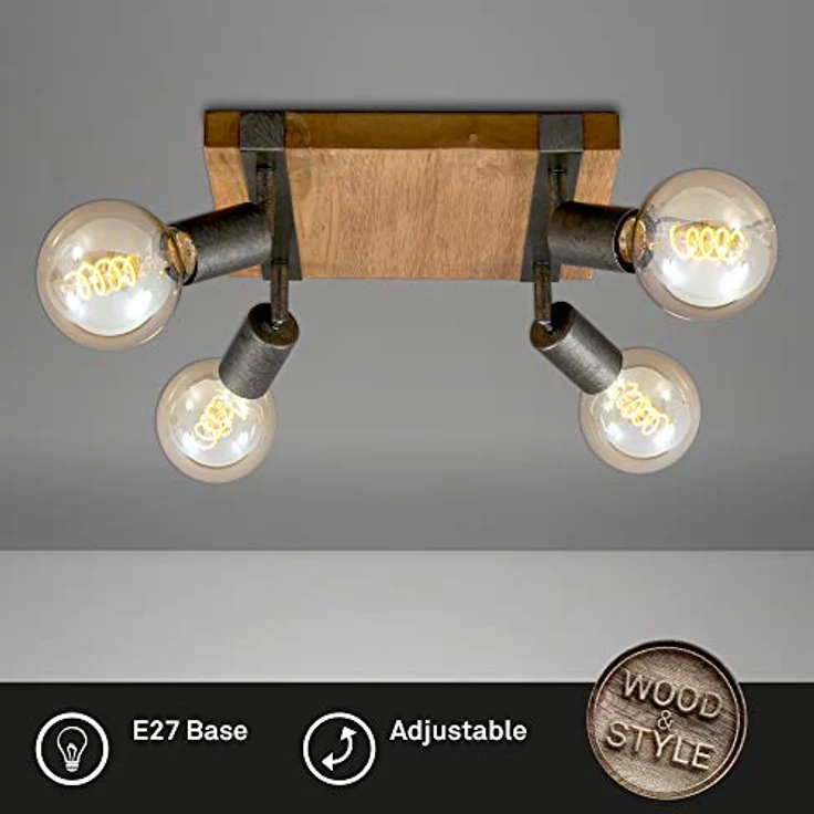 BRILONER - Deckenlampe Vintage schwenkbar, Holzbasis, E27 Fassung, max. 25 Watt, Deckenleuchte, Lampe, Wohnzimmerlampe, Schlafzimmerlampe, Küchenlampe, Deckenstrahler, 28 x 28 x 9 cm, Holz-Schwarz – Bild 3