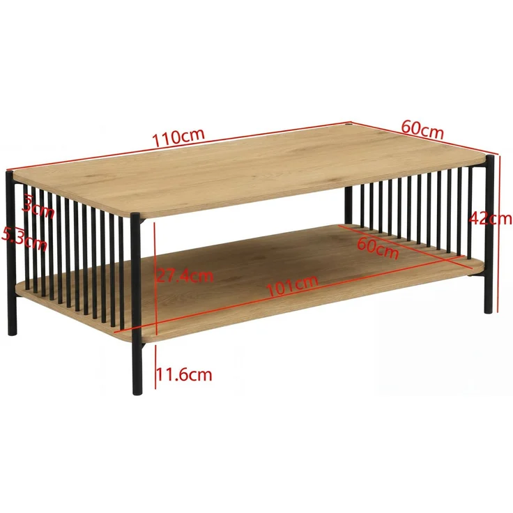FINEBUY Couchtisch FB117114 Sofatisch 110cm MDF Holzoptik Wohnzimmertisch mit Ablage groß (Moderner Wohnzimmertisch im coolen Loft-Design), Großzügige Ablagefläche für Zeitschriften & mehr – Bild 3