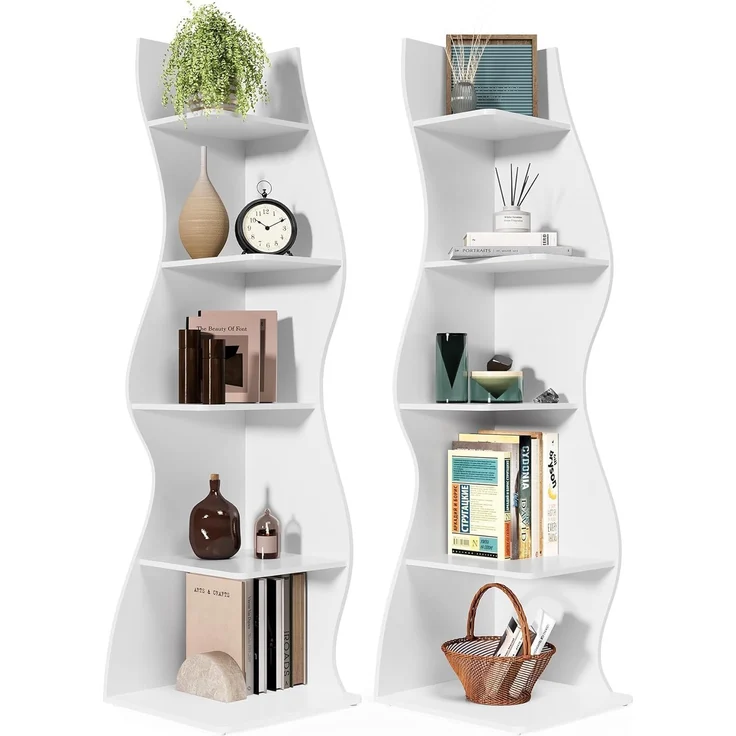 LITTLE TREE Bücherregal Ecke, Modernes Regal Schmal mit 6 Ebenen, 50 x 48 x 179 cm Bücherregal Holz, Standregal mit Wellen-Design für Kleine Räume, Wohnzimmer & Schlafzimmer, Weiß, 2er Pack – Bild 1