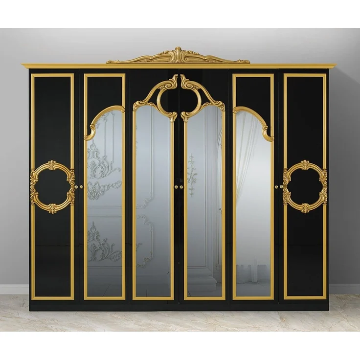Interdesign24 Schlafzimmer-Set Donna, (4-Teilig, inkl. Spiegeltüren und Polsterung im Kopf- und Fußteil, im ausgefallenem Barock-Stil), Bett 160 x 200 cm, in Hochglanz Schwarz/Gold – Bild 3