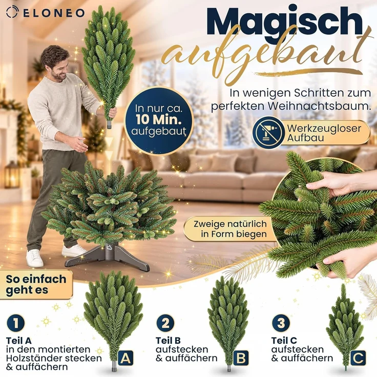 ELONEO Premium Weihnachtsbaum künstlich 150cm mit Holzständer, Christbaum naturgetreu, dichte Zweige, künstlicher Weihnachtsbaum, Christmas Tree, Tannenbaum künstlich -Testsieger- – Bild 8