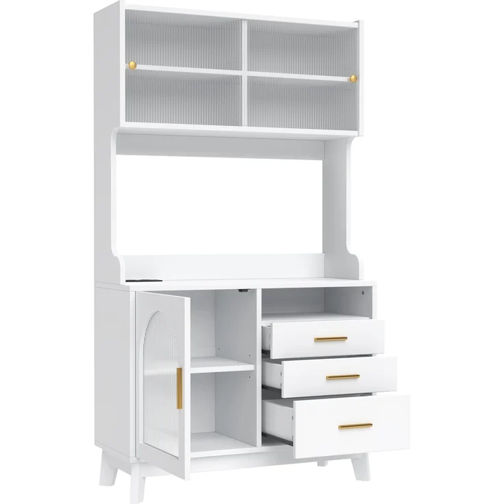 Buffetschränke, Esszimmer-Hochschrank 100.5*40*178 cm, mehrstufigem Stauraum, integrierter Steckdose sowie USB-C- und USB-A-Anschlüssen, Weiß – Bild 10