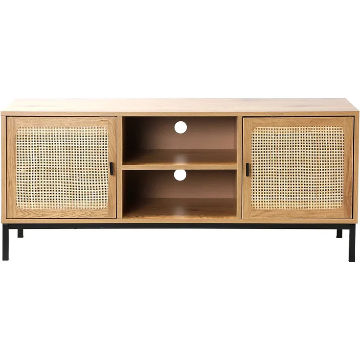 Casâme TV-Möbel mit 2 Türen, Rattangeflecht und 2 Ablagen - L120cm - Helles Holz