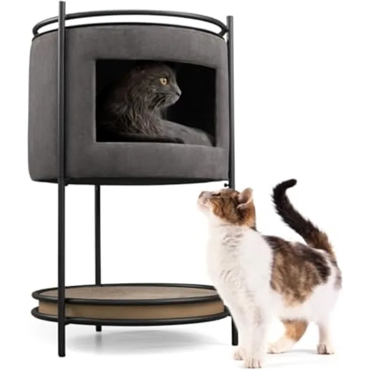 Canadian Cat Company Tierbett Katzenhöhle NEKO Beistelltisch inkl. Kratzpappe, Anthrazit, Katzenbett, Katzenmöbel, 43 x 43 x 70 cm