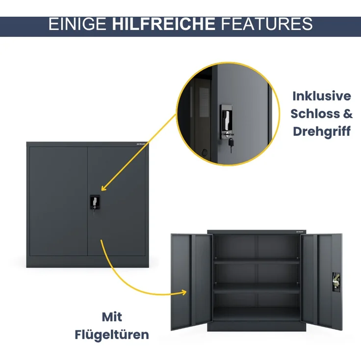Aktenschrank abschließbar KADO - 3 Ebenen verstellbar, Flügeltüren | Metallschrank Werkstatt Mehrzweckschrank Büroschrank aus Stahl Werkzeugschrank, 93 x 90 x 60 cm Anthrazit – Bild 5