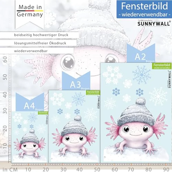 Sunnywall Fensterdekoration Kinderzimmer Fensterbild Winter Axolotl mit Mütze, wiederverwendbar, statisch haftend, beidseitiger Druck – Bild 5