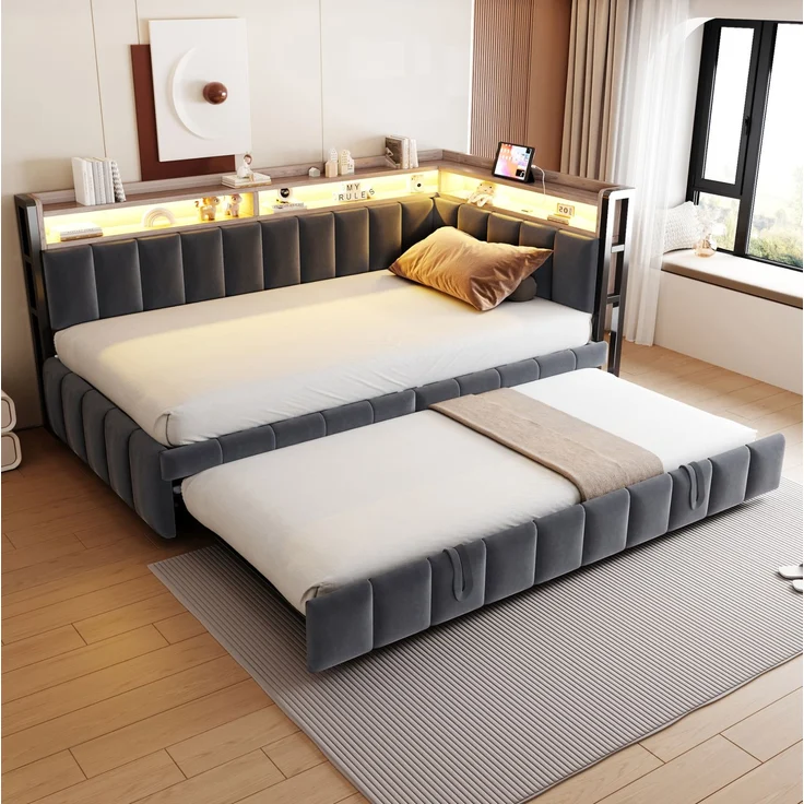 CHICFURN Polsterbett Schlafsofa aus Samt Dunkelgrau 90x200 cm mit Ausziehbett, LED-Beleuchtung und USB- und Type-C-Anschlüssen Grau – Bild 2