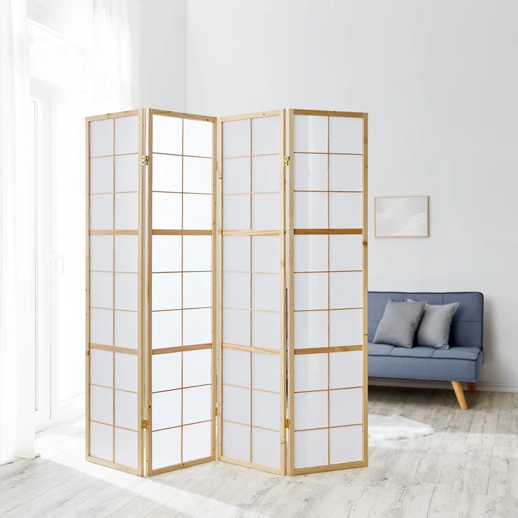 Paravent Raumteiler 4 teilig, Holz Reispapier Natur – Bild 2