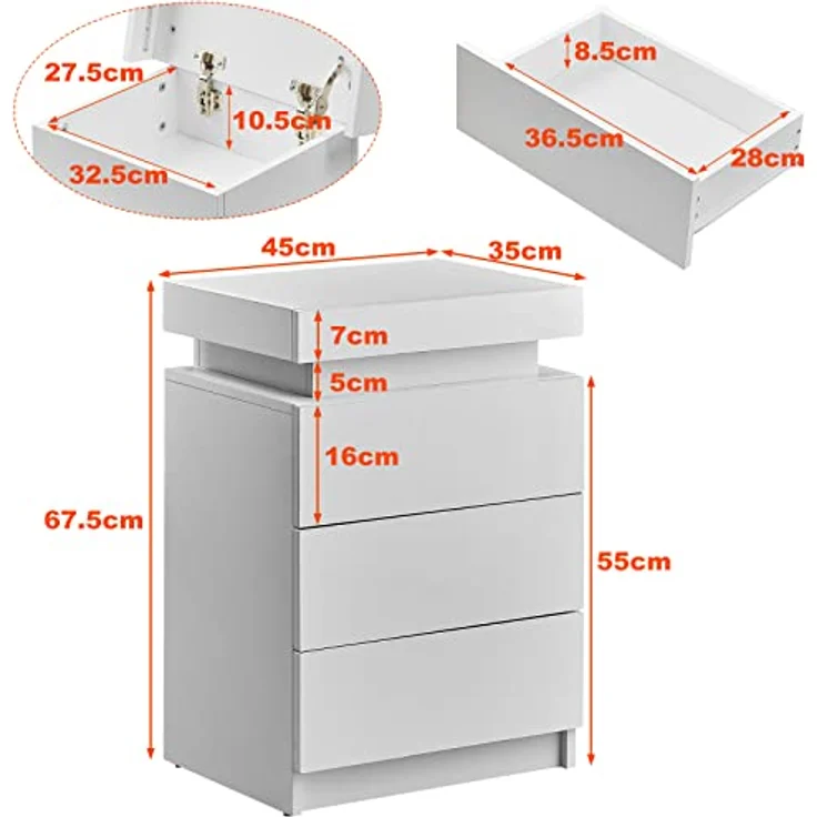 TUKAILAI Nachttisch mit LED Beleuchtung, 3 Schubladen und oberer Aufbewahrung, Hochglanz, Weißer Nachtschrank Modern, 45 x 35 x 67.5 cm für Schlafzimmer, Wohnzimmer – Bild 10