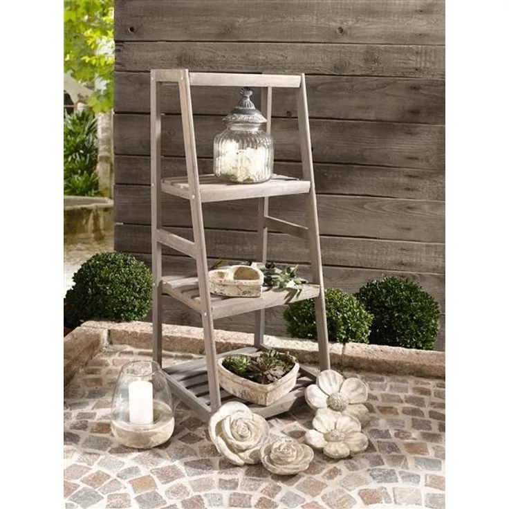 Leiterregal aus Holz im Antik Design, grau, Blumenregal, Pflanzentreppe