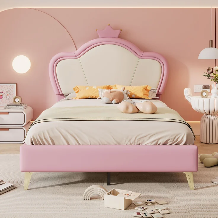 Polsterbett 207x95,5x112 mit Kunstleder-Bezug, Kopfteil mit Krone und weichen Schutzkanten, für Liegefläche 90x200, rosa – Bild 3
