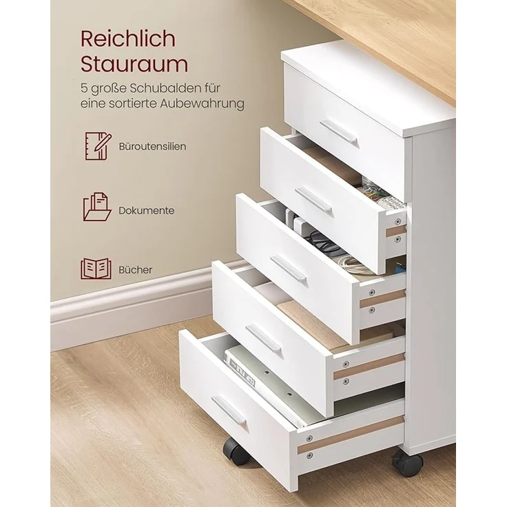 VASAGLE Rollcontainer, mit 5 Schubladen, mit schraubenlosen Gleitschienen, Holz wolkenweiß, 40 x 42 x 65,7 cm – Bild 4