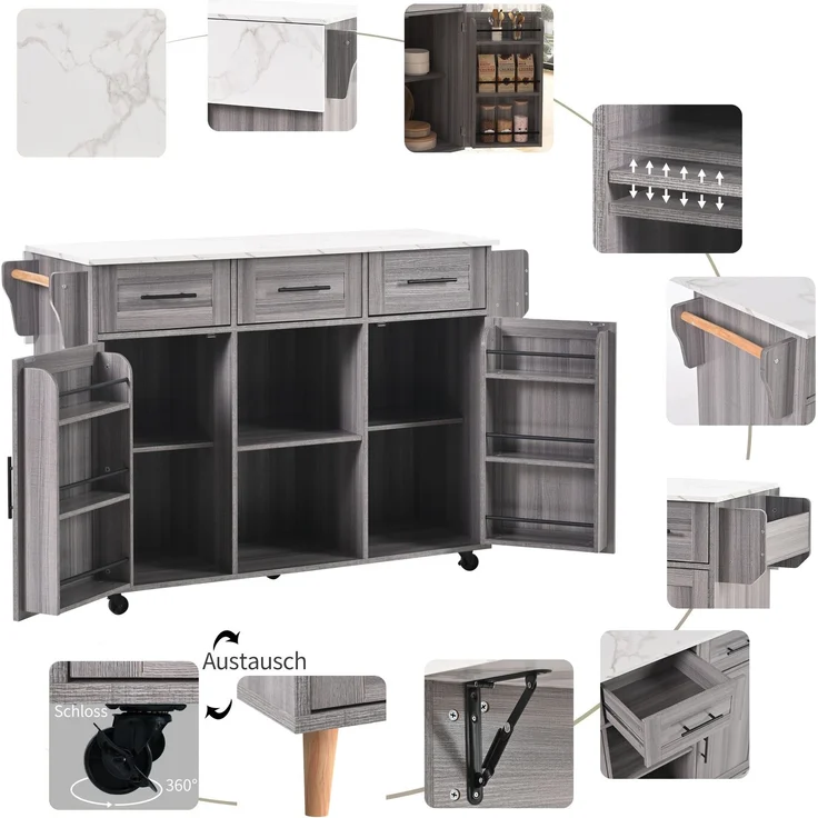 Küchenwagen 139x46(71)x91,5 cm mit klappbarer Arbeitsplatte, Schubladen und Rollen – Bild 8