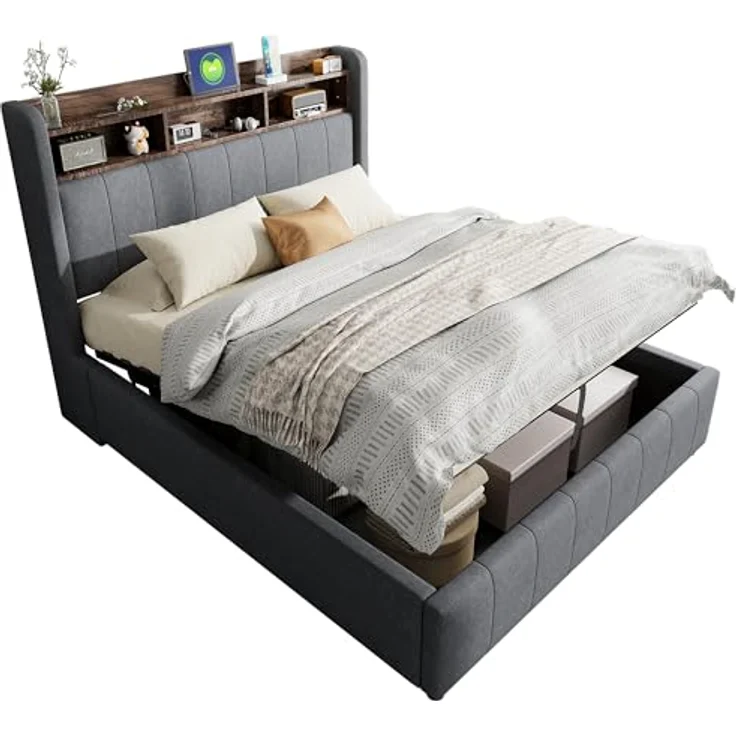 Ball & Cast Polsterbett (140x200 cm) mit hydraulischem Stauraum, Doppelbett mit Beleuchtung und USB-Ladefunktion, Einfach & Zeitsparend Montierbar, Grau – Bild 8