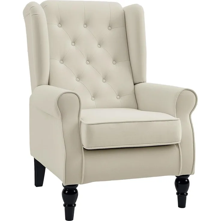 HOMCOM Sessel Einzelsessel, Akzentsessel mit Tufting Holzfüße (Ohrensessel, 1-St, Relaxsessel), für Wohnzimmer, Cremeweiß