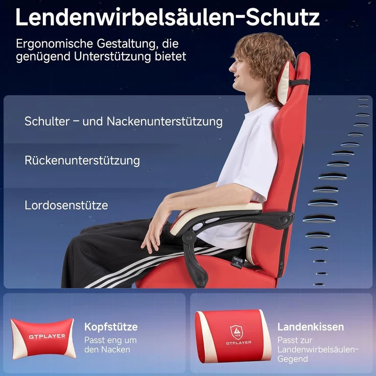 GTPLAYER Gaming Stuhl, Ergonomischer Gamer Stuhl aus PU-Leder mit Lendenwirbelstütze, PC-Stuhl mit verbreiterter Rückenlehne, Belastbar bis 150 kg, Rot – Bild 6